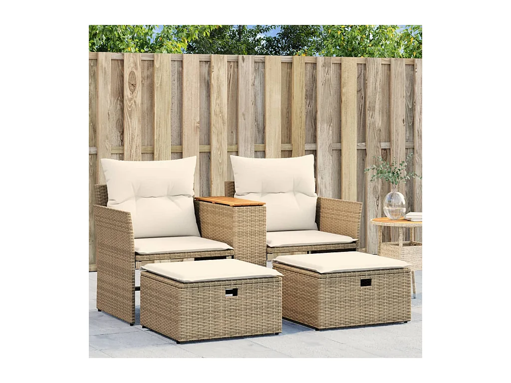 Canapé de jardin 2 places avec tabourets beige résine tressée