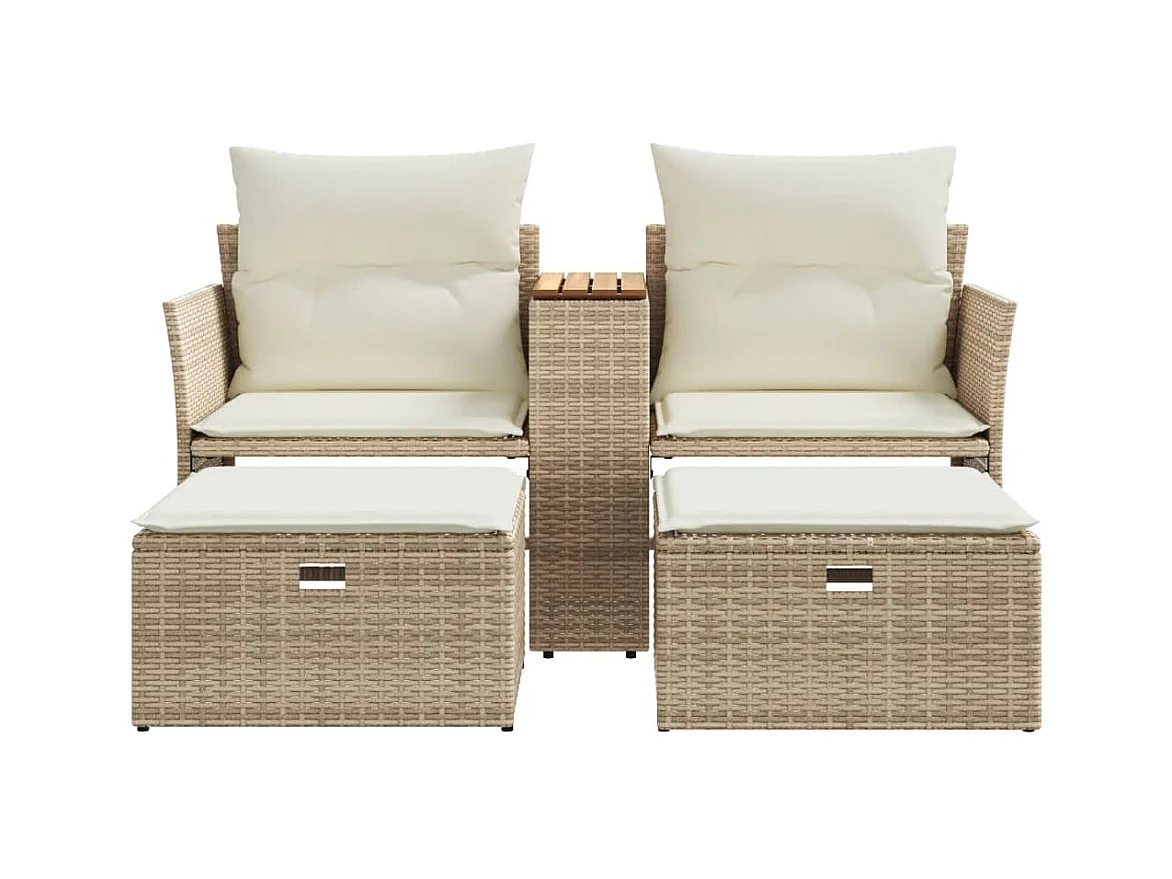 Canapé de jardin 2 places avec tabourets beige résine tressée