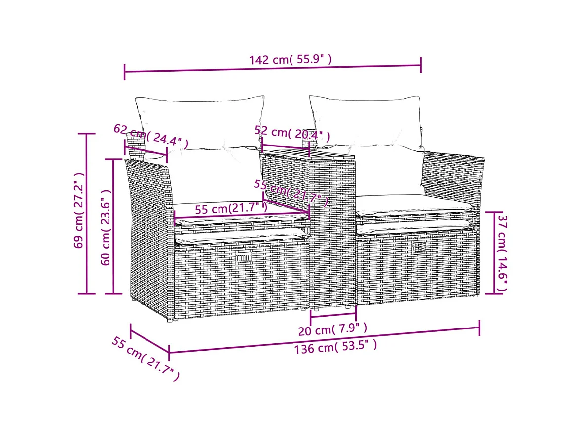 Canapé de jardin 2 places avec tabourets beige résine tressée