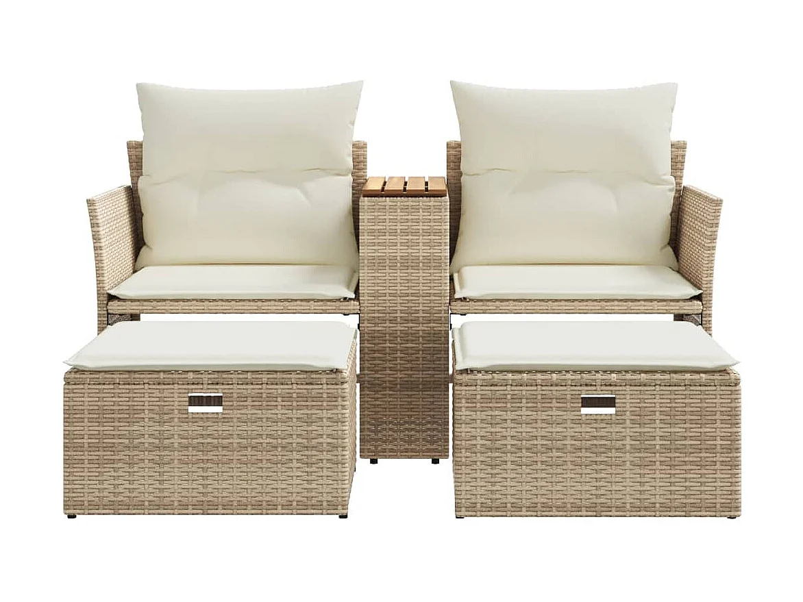 Canapé de jardin 2 places avec tabourets beige résine tressée