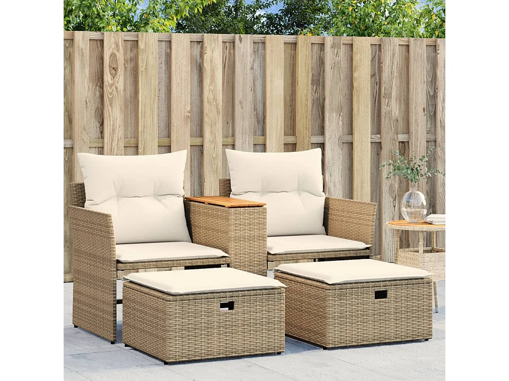 Tuinbank 2-zits met voetenbanken poly rattan beige