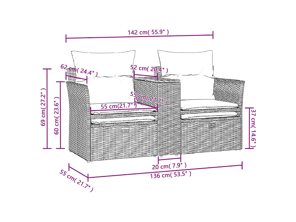 Tuinbank 2-zits met voetenbanken poly rattan beige