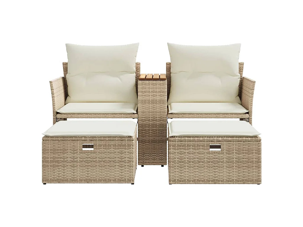 Tuinbank 2-zits met voetenbanken poly rattan beige