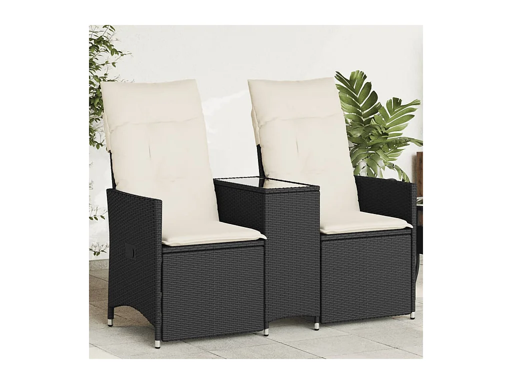 Canapé de jardin inclinable 2 places avec table noir poly rotin