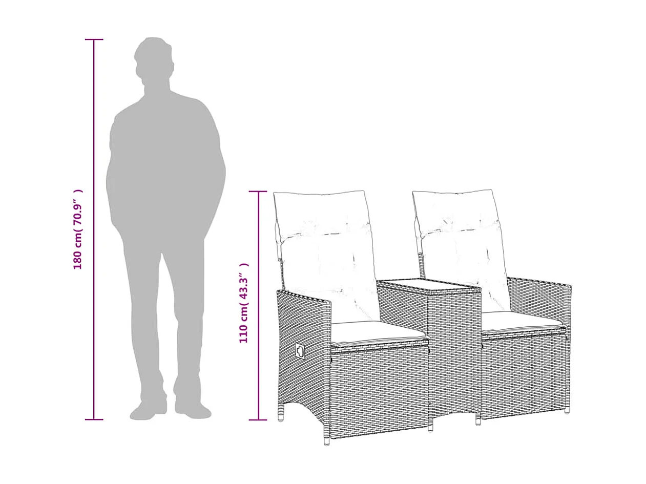 Tuinbank 2-zits verstelbaar met tafel poly rattan zwart