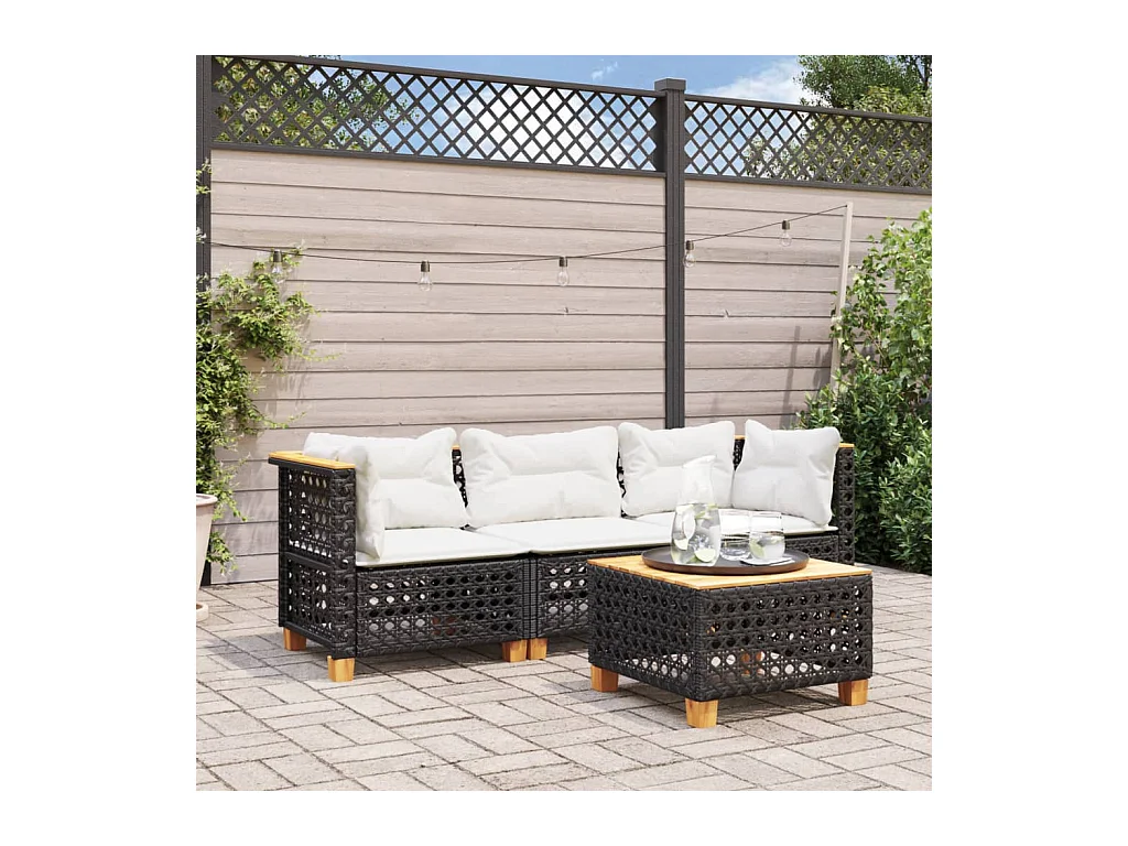 Canapé de jardin avec coussins 3 places noir résine tressée