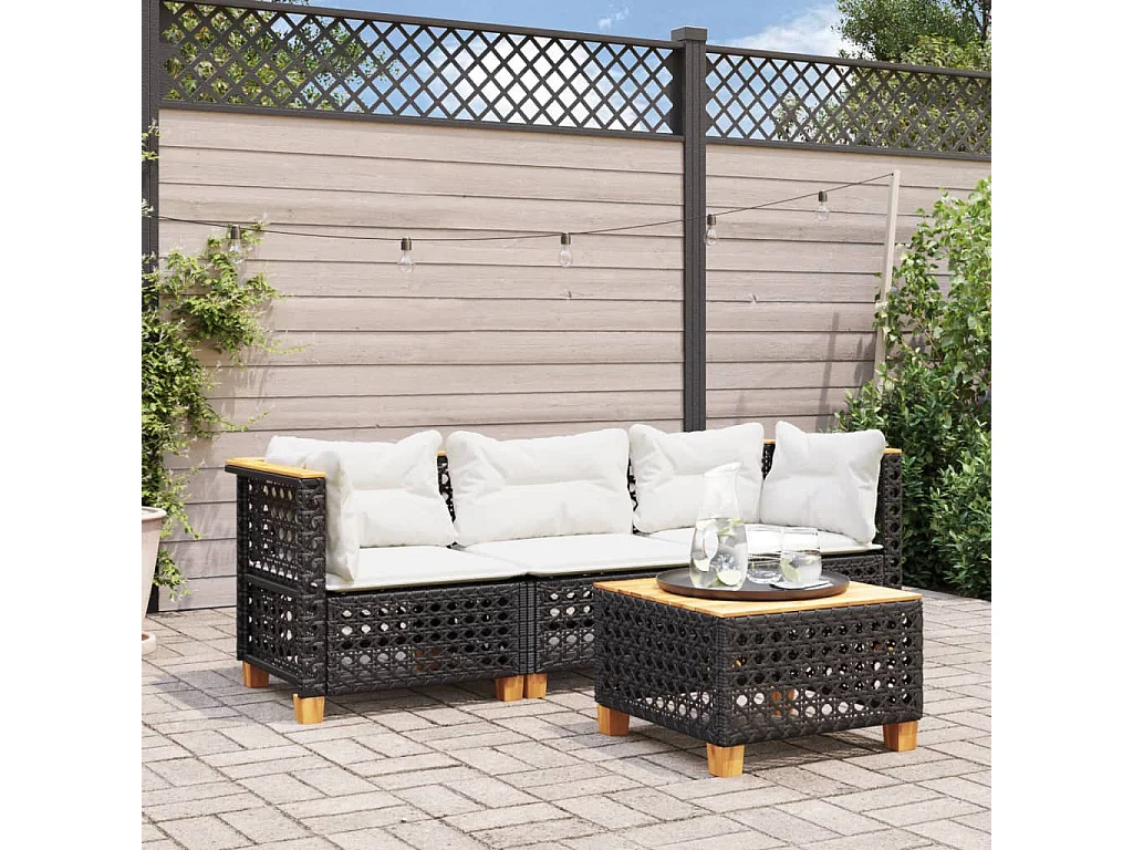 Canapé de jardin avec coussins 3 places noir résine tressée