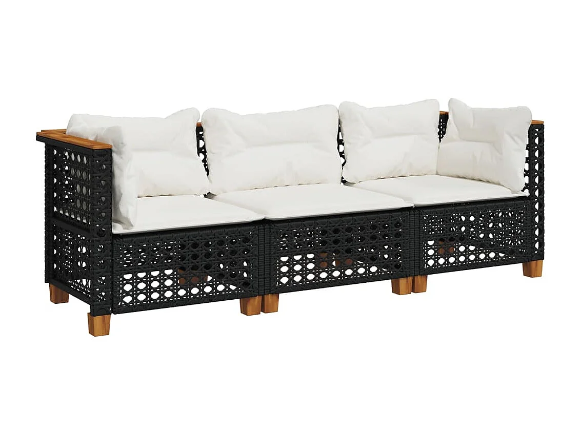 Tuinbank 3-zits met kussens poly rattan zwart