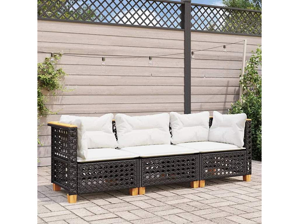 Divano da Giardino a 3 Posti con Cuscini Nero in Polyrattan