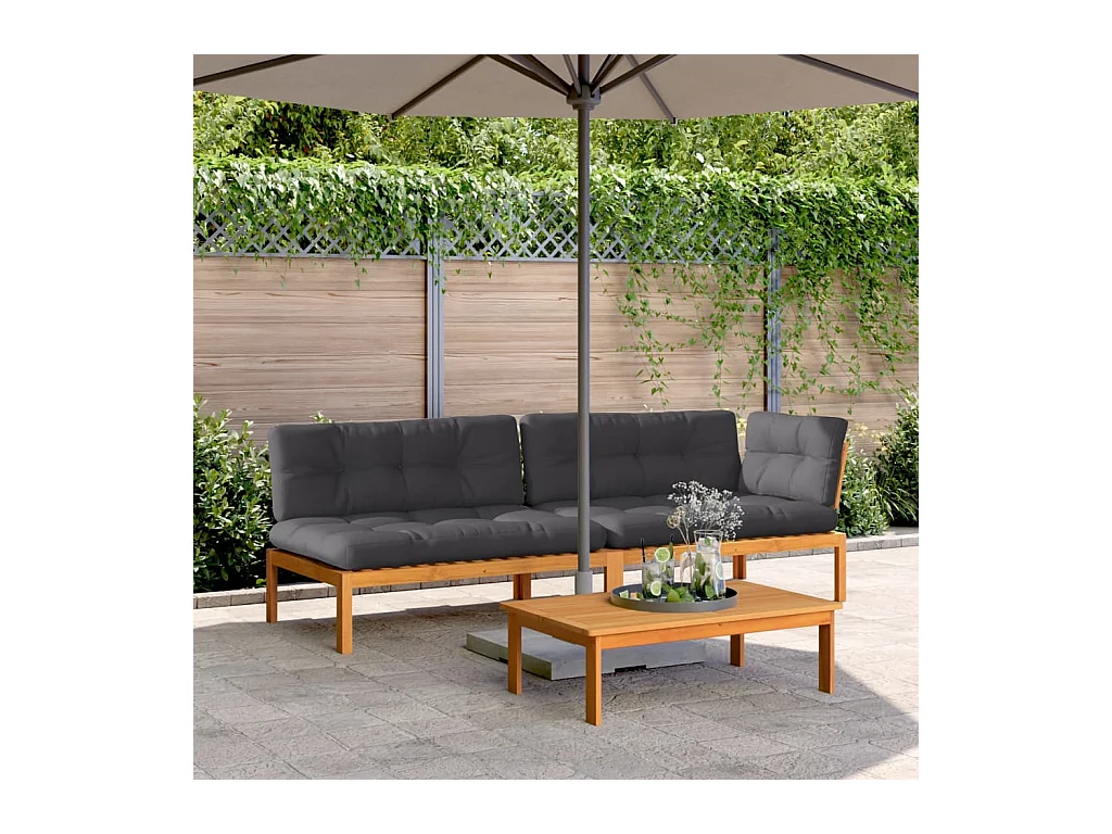 Set de sofás de palets de jardín y cojines 3 pzas madera acacia