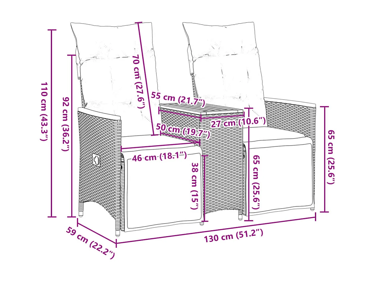 Gartensofa 2-Sitzer Verstellbar mit Tisch Grau Poly Rattan