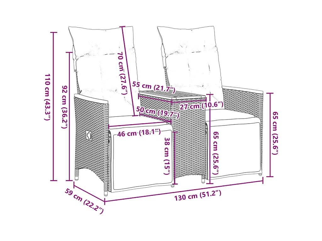 Tuinbank 2-zits verstelbaar met tafel poly rattan grijs