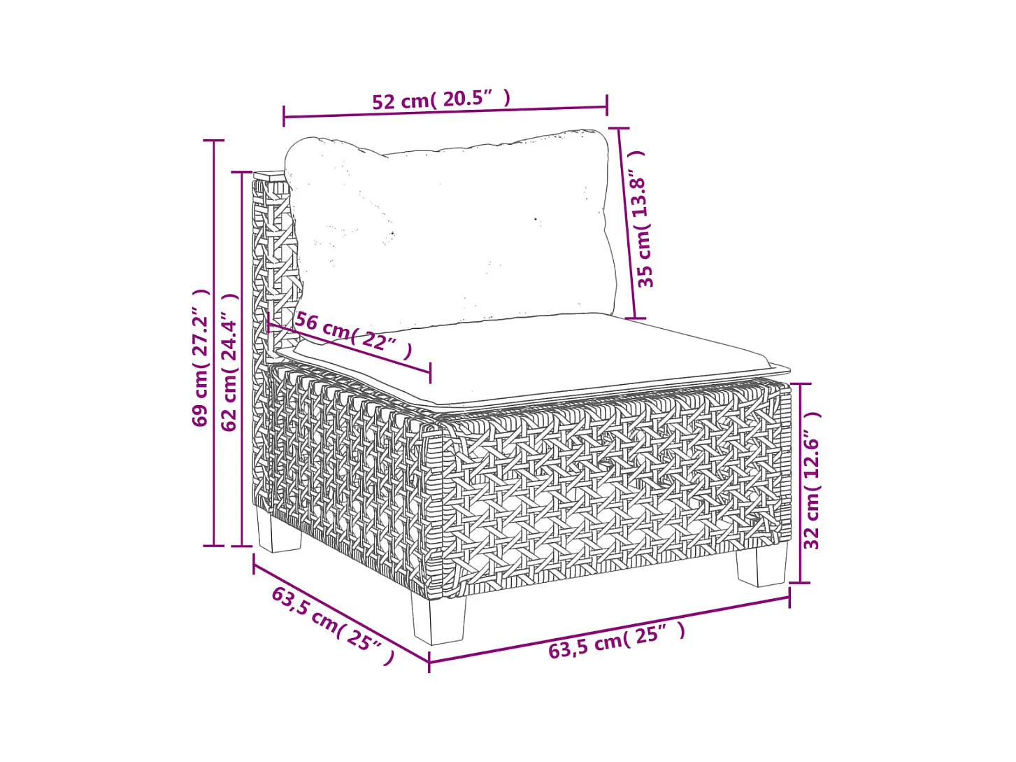 Tuinbank zonder armleuning met kussens poly rattan zwart