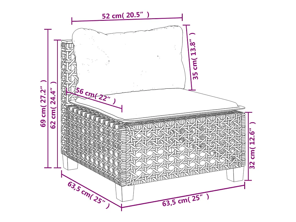 Canapé de jardin sans accoudoirs coussins noir résine tressée