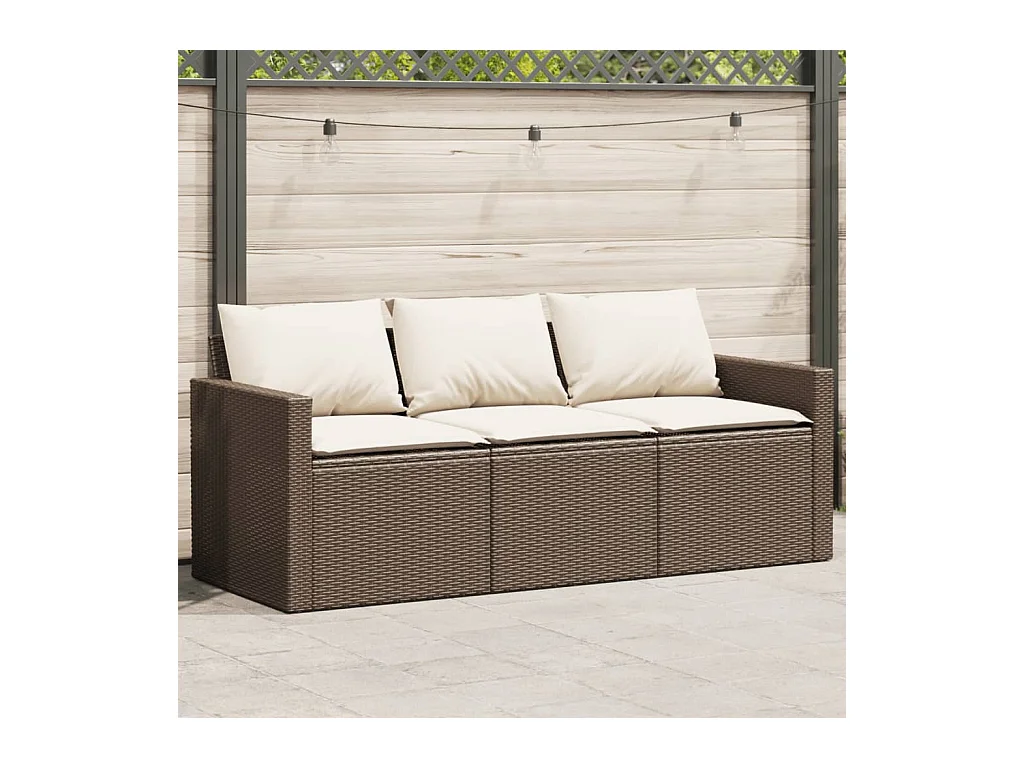 Gartensofa mit Kissen 3-Sitzer Braun Poly Rattan