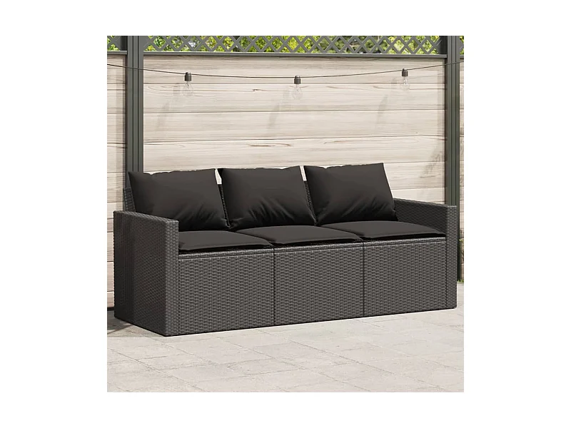 Gartensofa mit Kissen 3-Sitzer Schwarz Poly Rattan