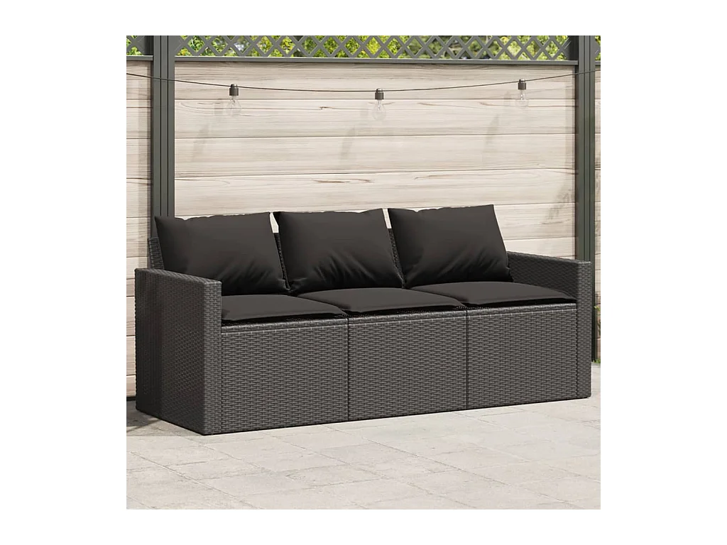 Gartensofa mit Kissen 3-Sitzer Schwarz Poly Rattan