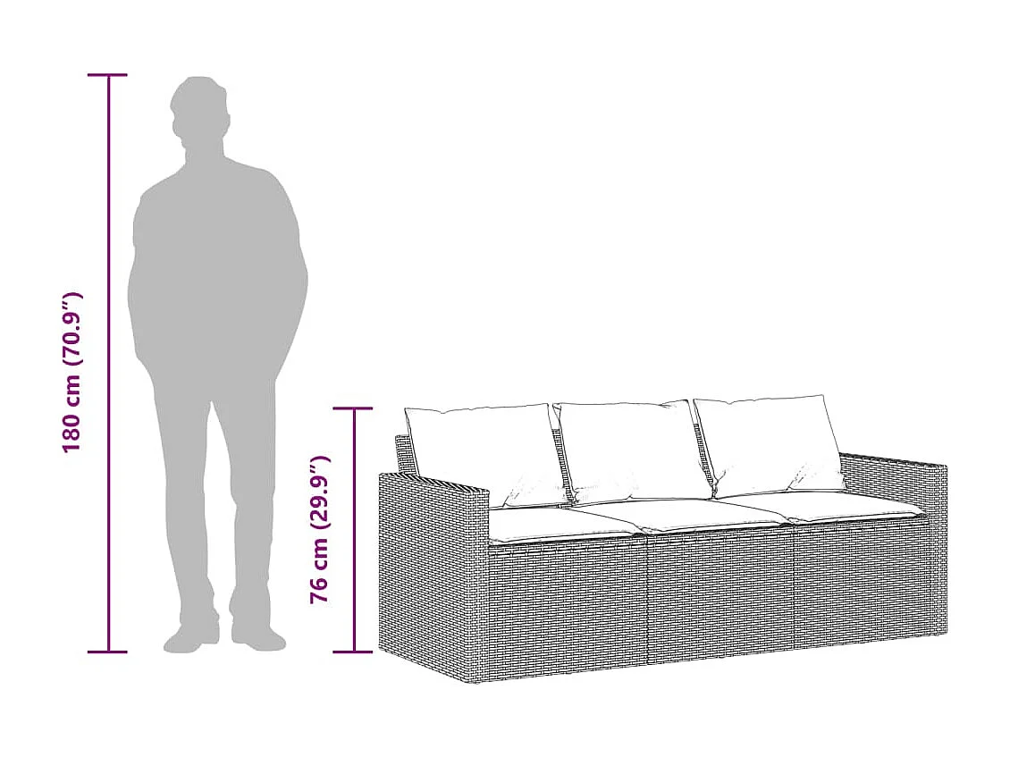 Tuinbank 3-zits met kussens poly rattan zwart