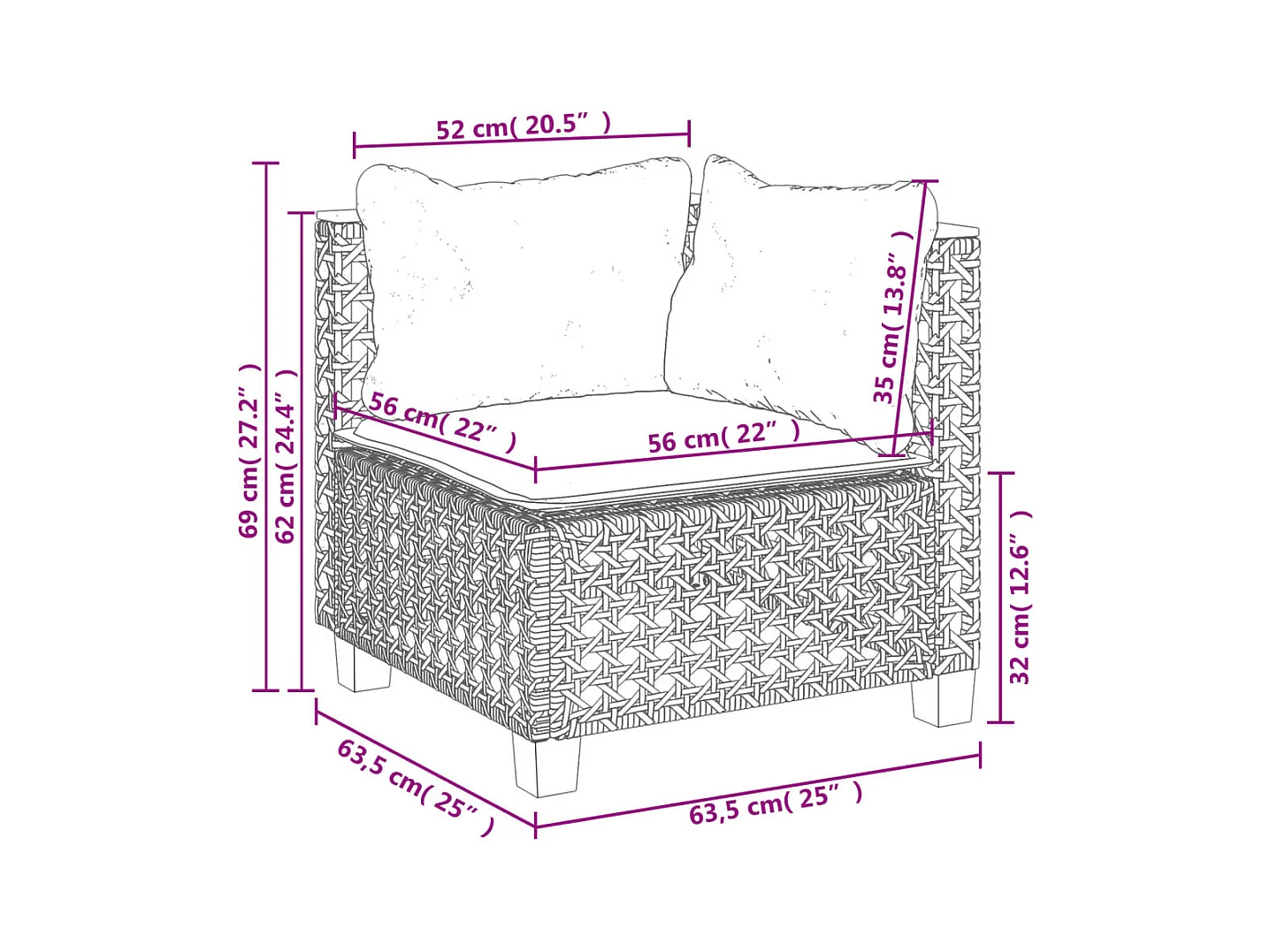 Tuinhoekbank met kussens poly rattan zwart