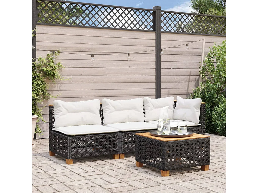 Canapé d'angle de jardin avec coussins noir résine tressée