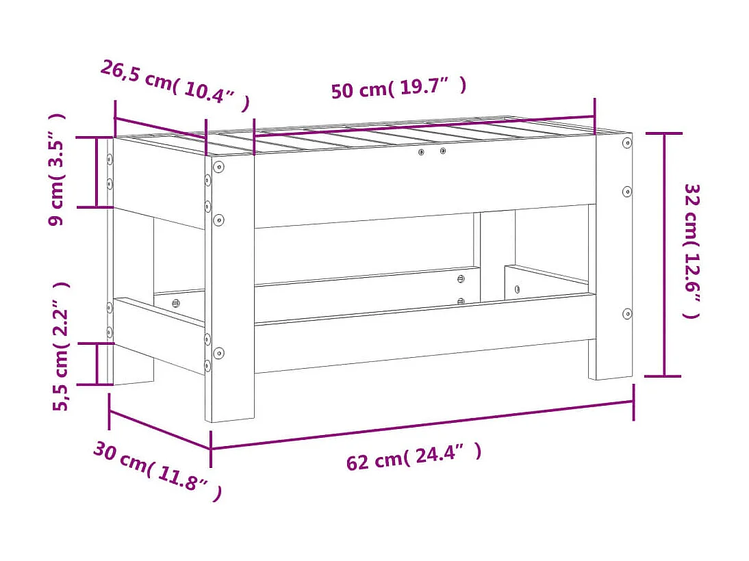Poggiapiedi da Giardino Bianco 62x30x32 cm Legno Massello Pino