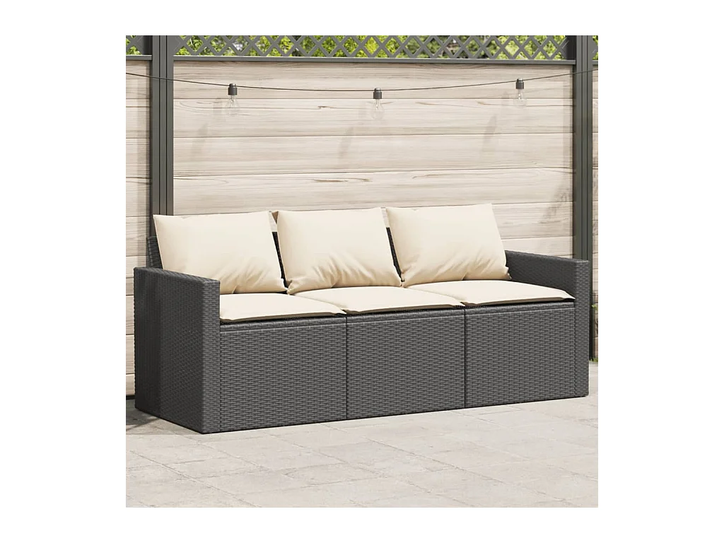 Gartensofa mit Kissen 3-Sitzer Schwarz Poly Rattan