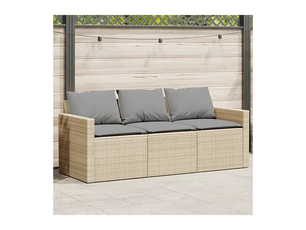 Gartensofa mit Kissen 3-Sitzer Beige Poly Rattan