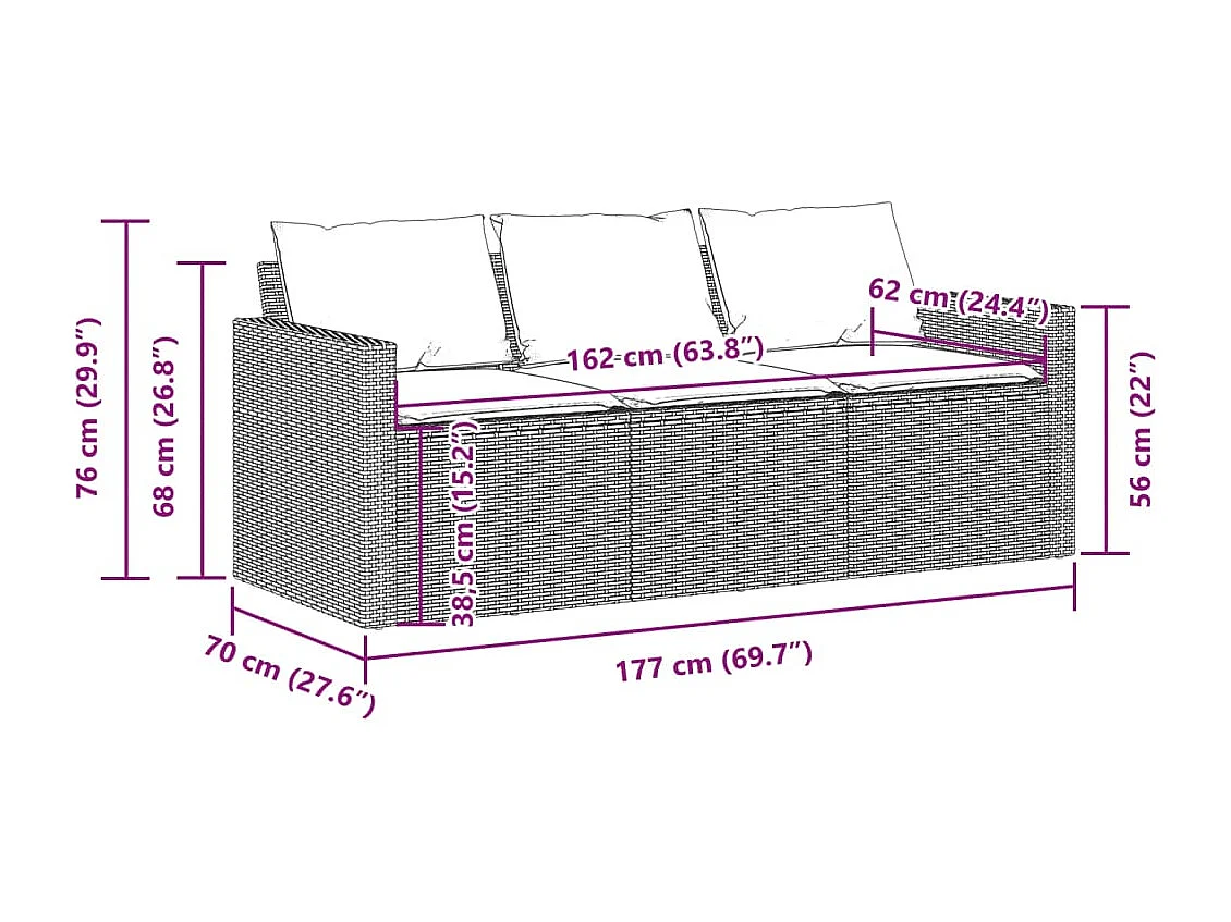 Canapé de jardin avec coussins 3 places beige résine tressée