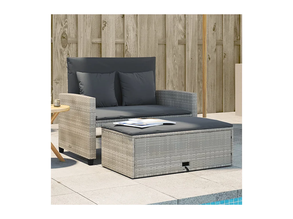 Canapé de jardin 2 places et coussins gris clair résine tressée