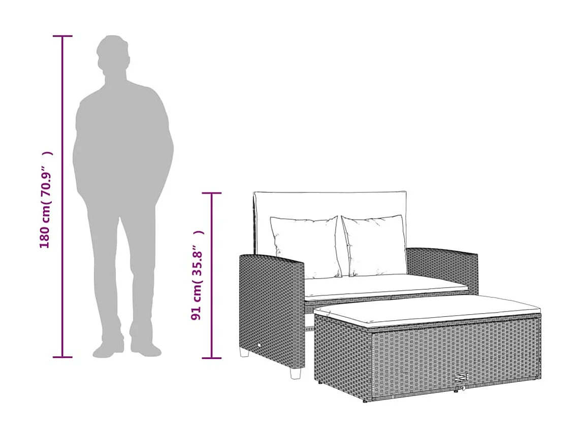 Gartensofa mit Kissen 2-Sitzer Hellgrau Poly Rattan