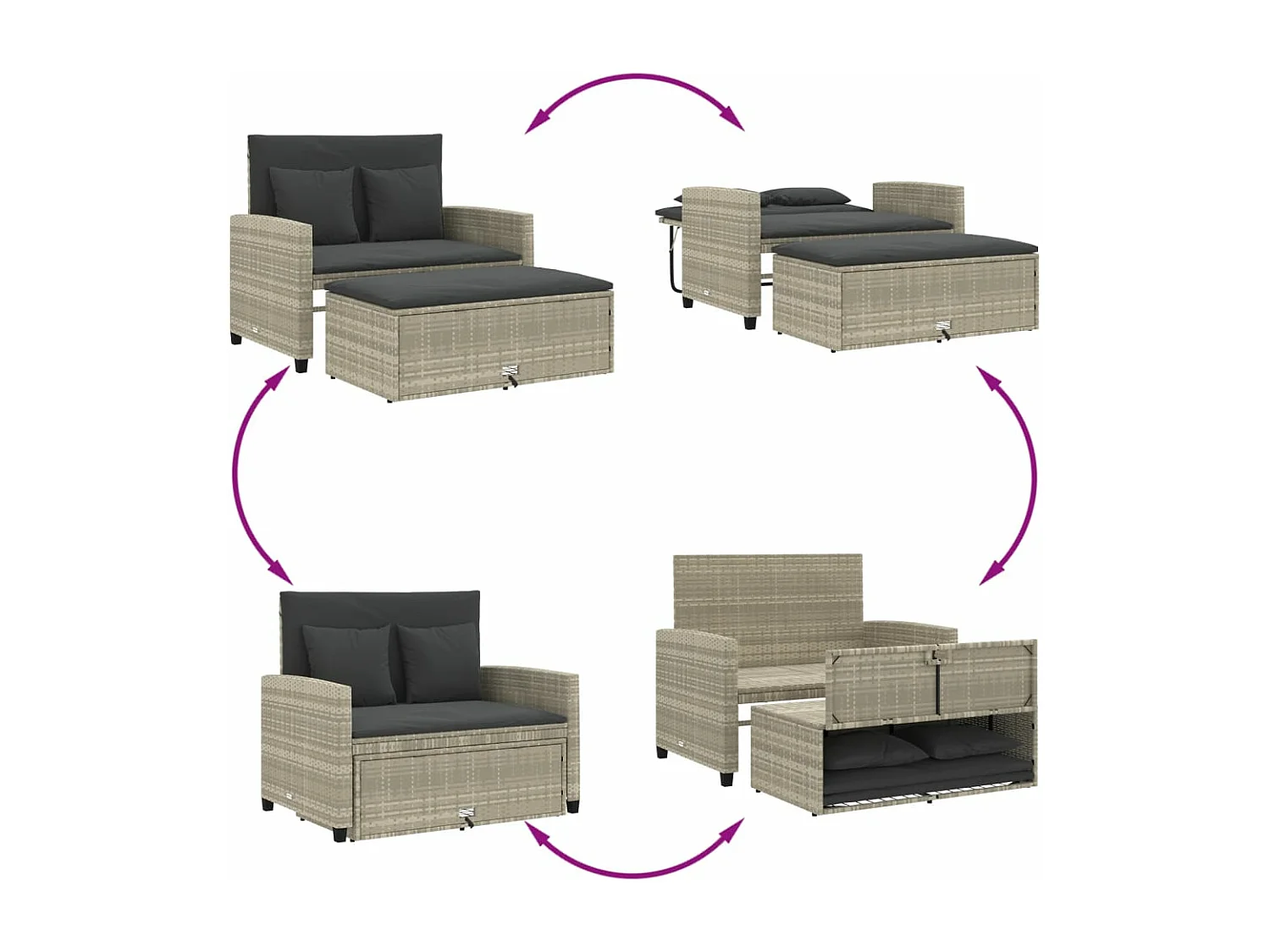 Gartensofa mit Kissen 2-Sitzer Hellgrau Poly Rattan