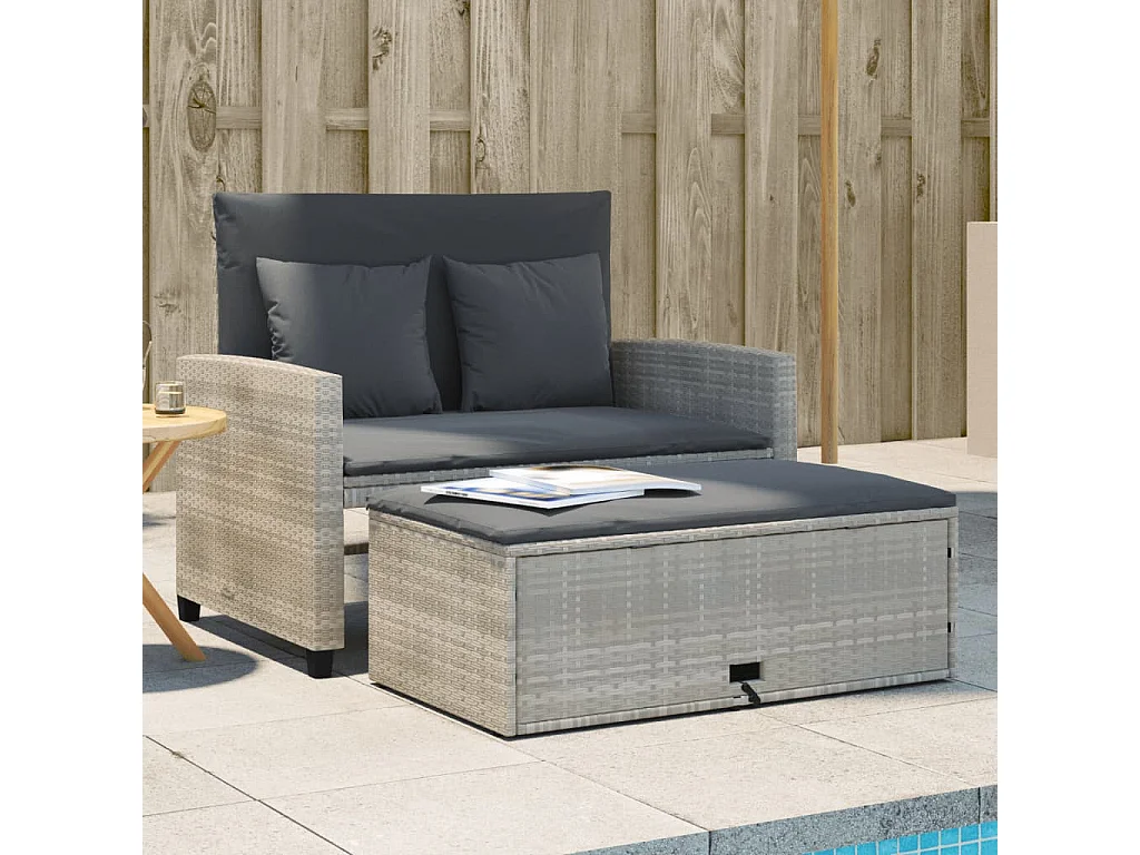 Canapé de jardin 2 places et coussins gris clair résine tressée