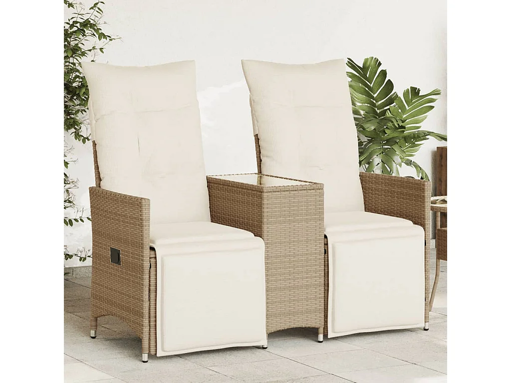 Canapé de jardin inclinable 2 places avec table beige rotin