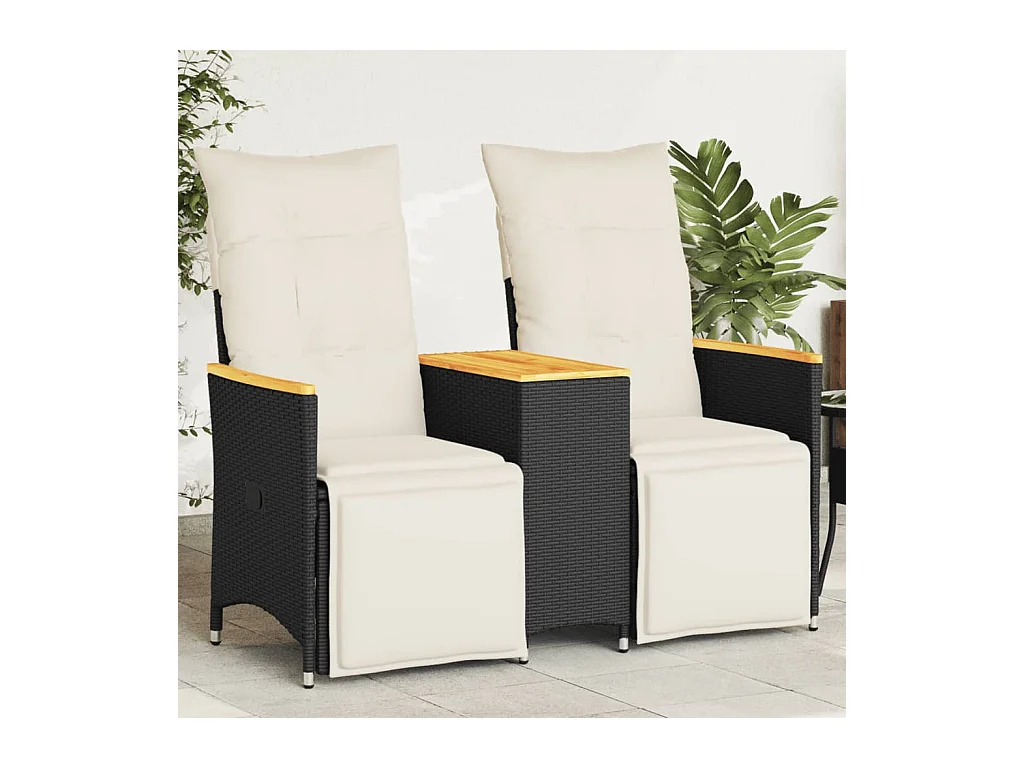 Canapé de jardin inclinable 2 places avec table noir poly rotin