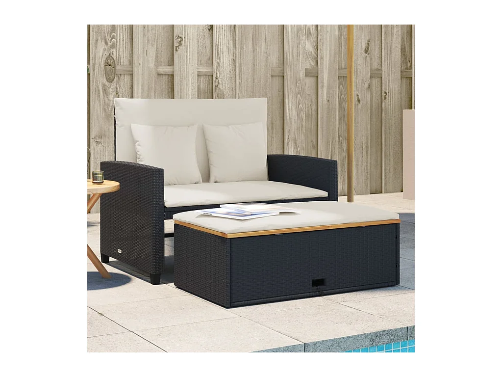 Gartensofa mit Kissen 2-Sitzer Schwarz Poly Rattan&Akazienholz