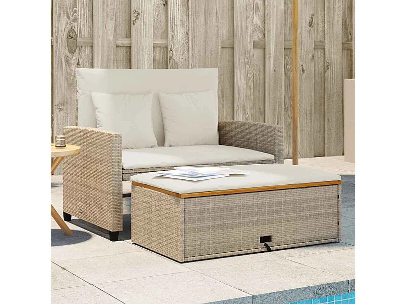 Canapé de jardin 2 places coussins beige résine tressée&acacia