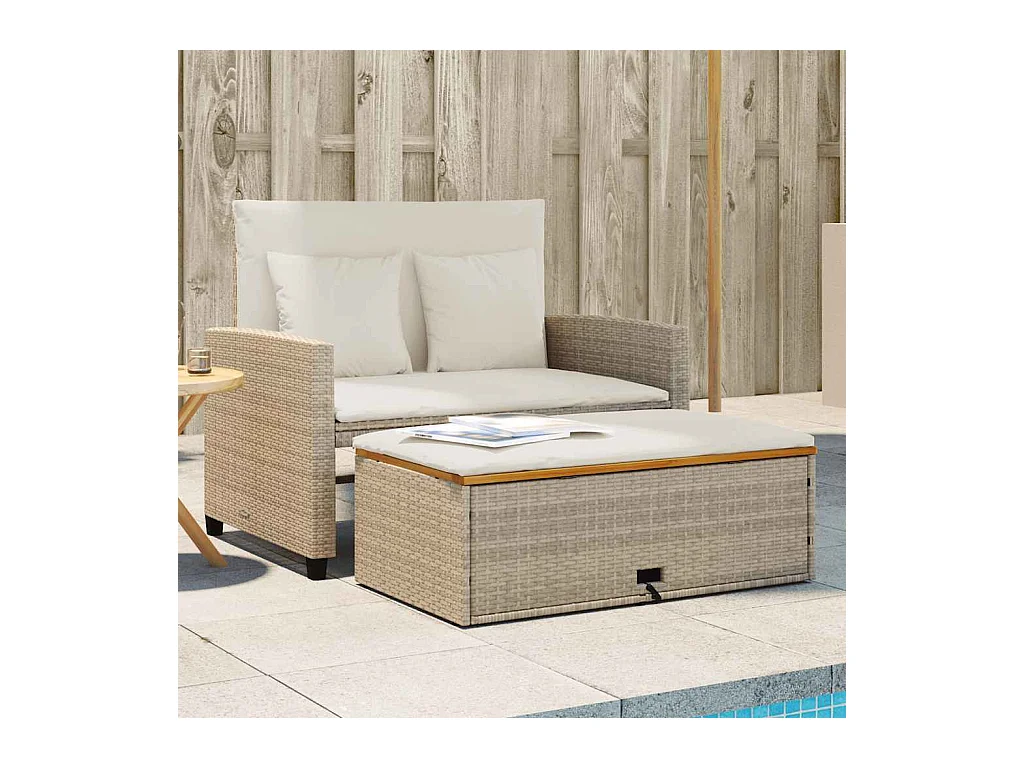 Canapé de jardin 2 places coussins beige résine tressée&acacia