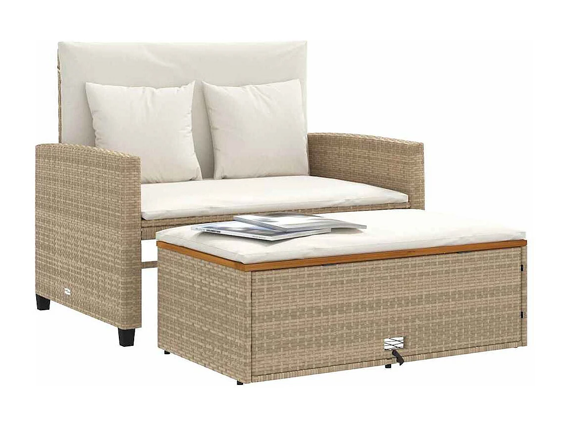 Canapé de jardin 2 places coussins beige résine tressée&acacia