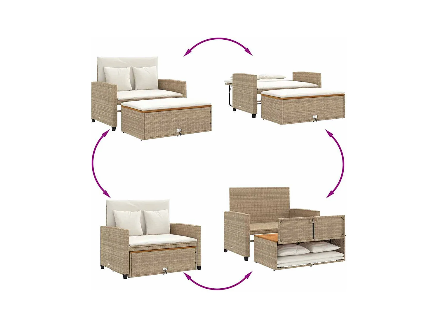 Canapé de jardin 2 places coussins beige résine tressée&acacia