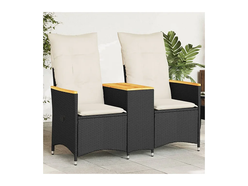 Canapé de jardin inclinable 2 places avec table noir poly rotin
