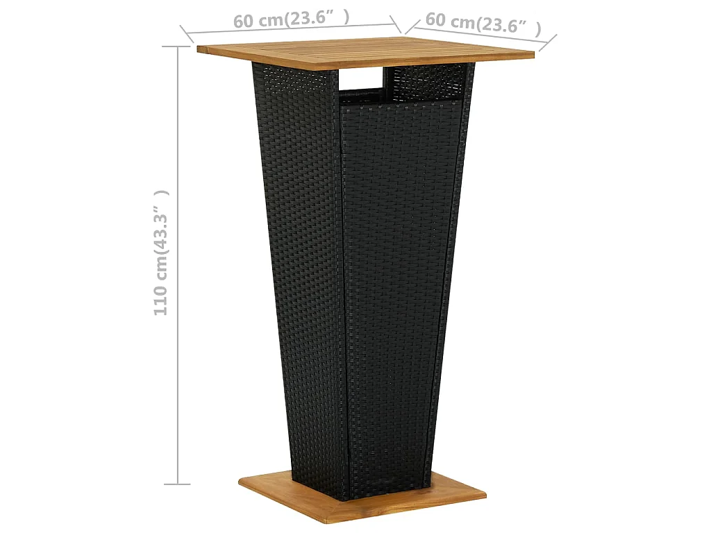 Tavolino da Tè Nero 60x60x110 cm Polyrattan e Massello Acacia