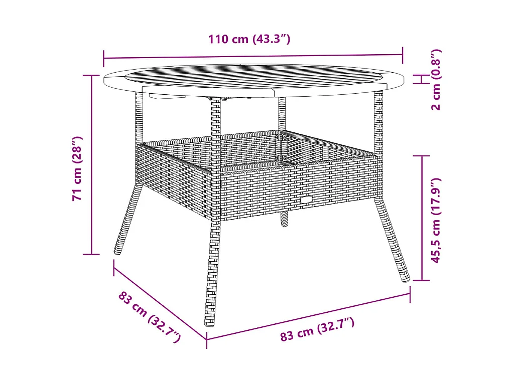 Gartentisch mit Holzplatte Grau Ø110x71 cm Poly Rattan