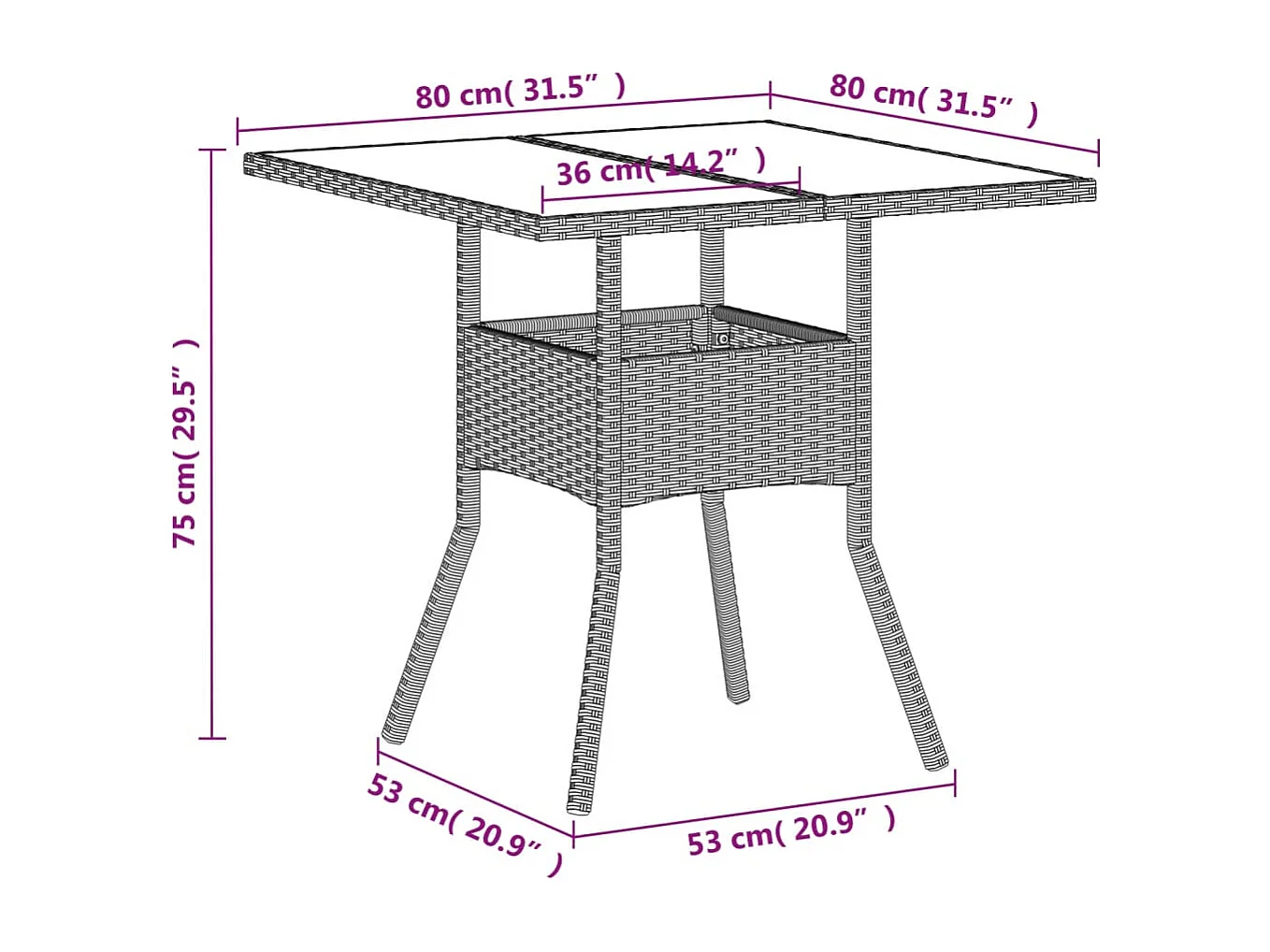 Gartentisch mit Glasplatte Hellgrau 80x80x75 cm Poly Rattan