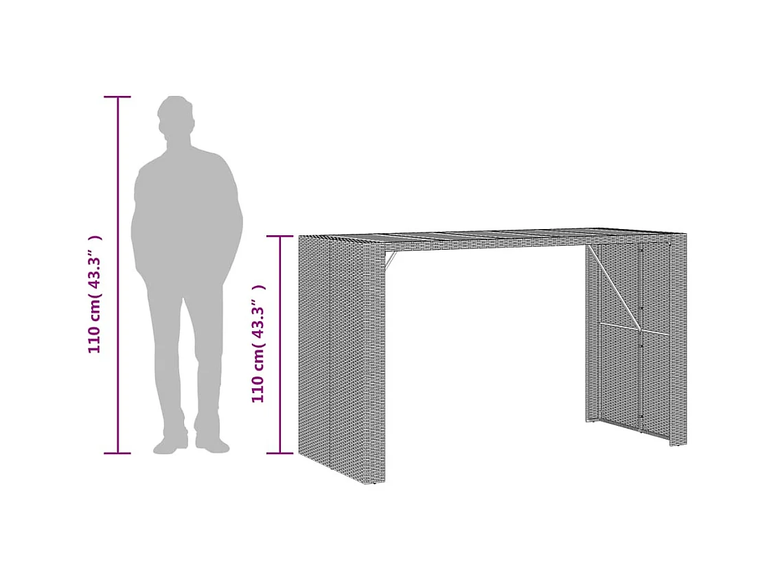 Mesa alta jardín superficie madera ratán PE negro 185x80x110 cm