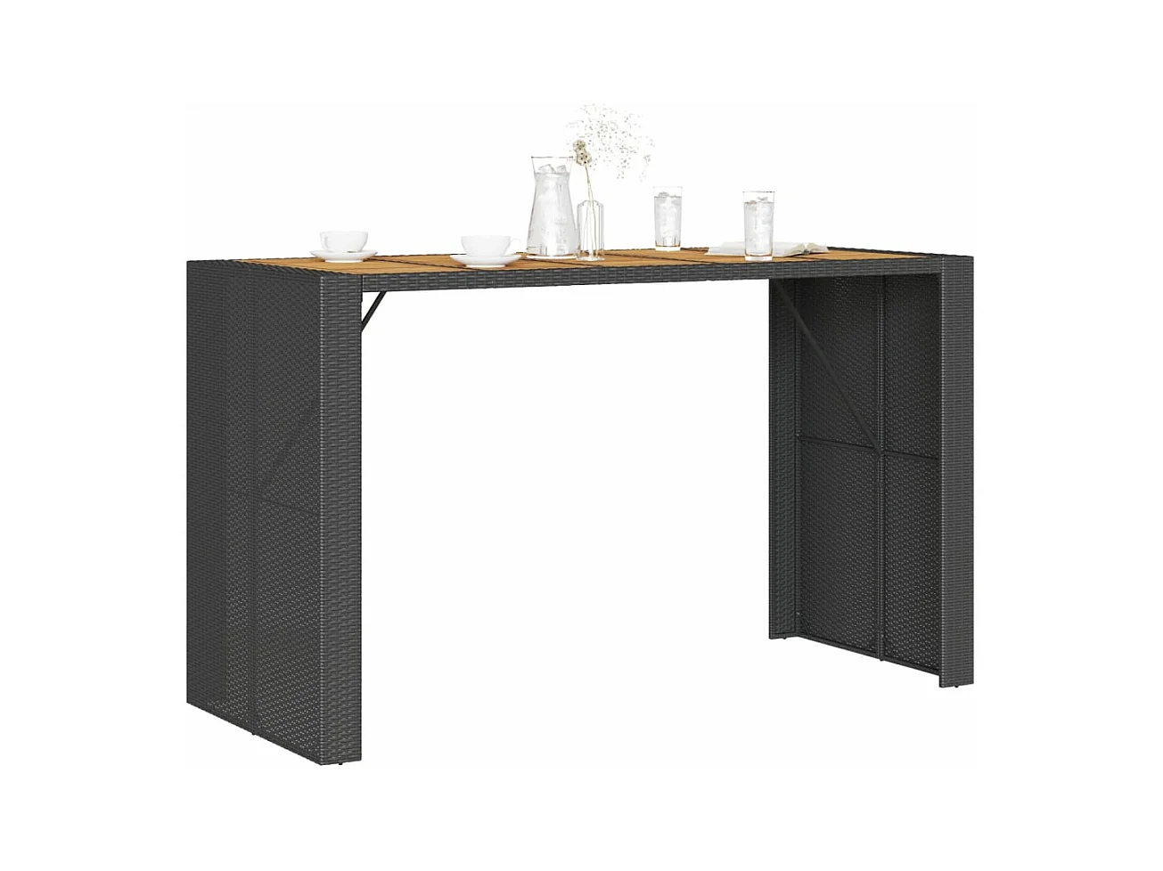 Mesa alta jardín superficie madera ratán PE negro 185x80x110 cm