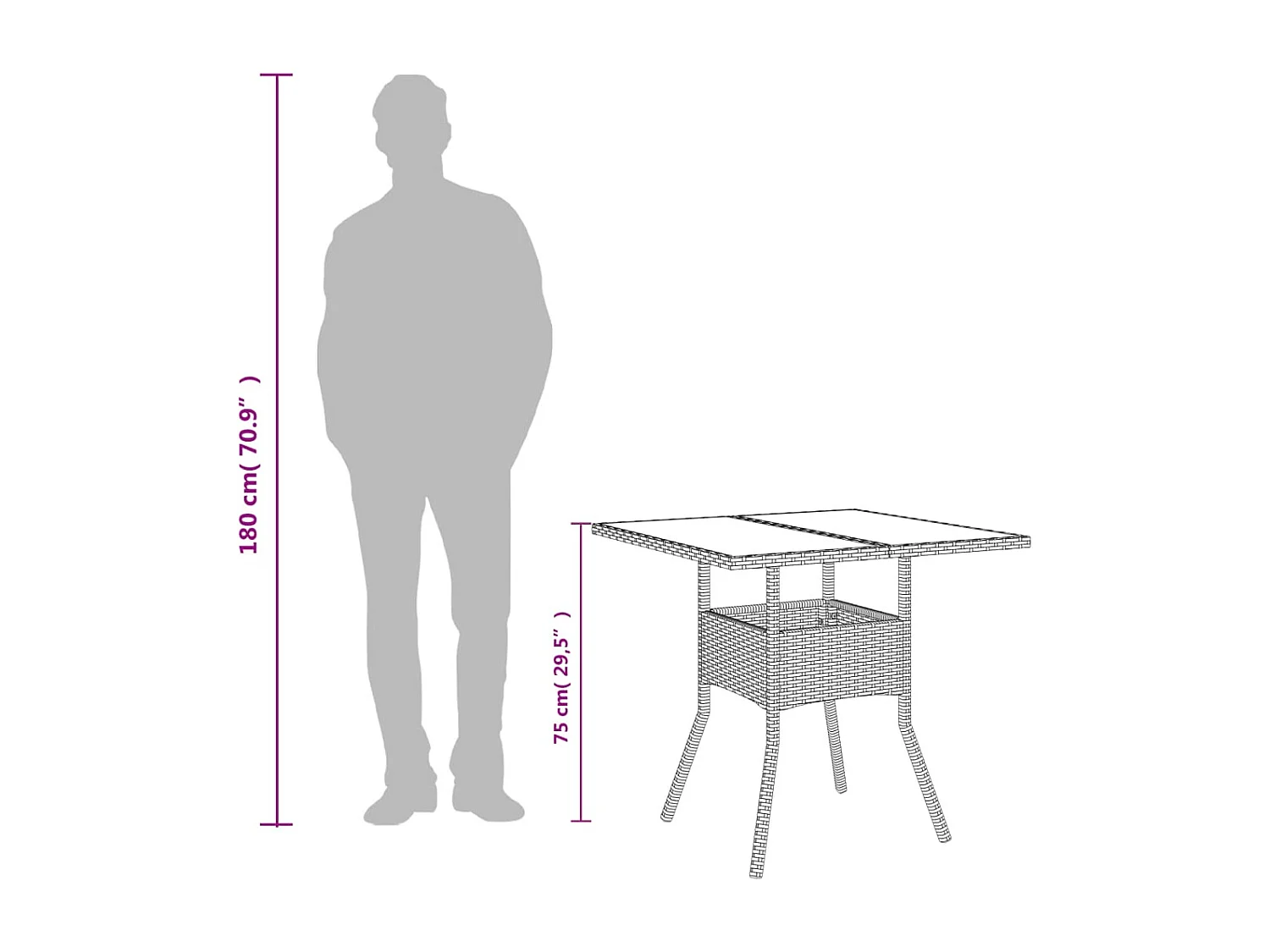Table de jardin dessus en verre gris 80x80x75 cm résine tressée