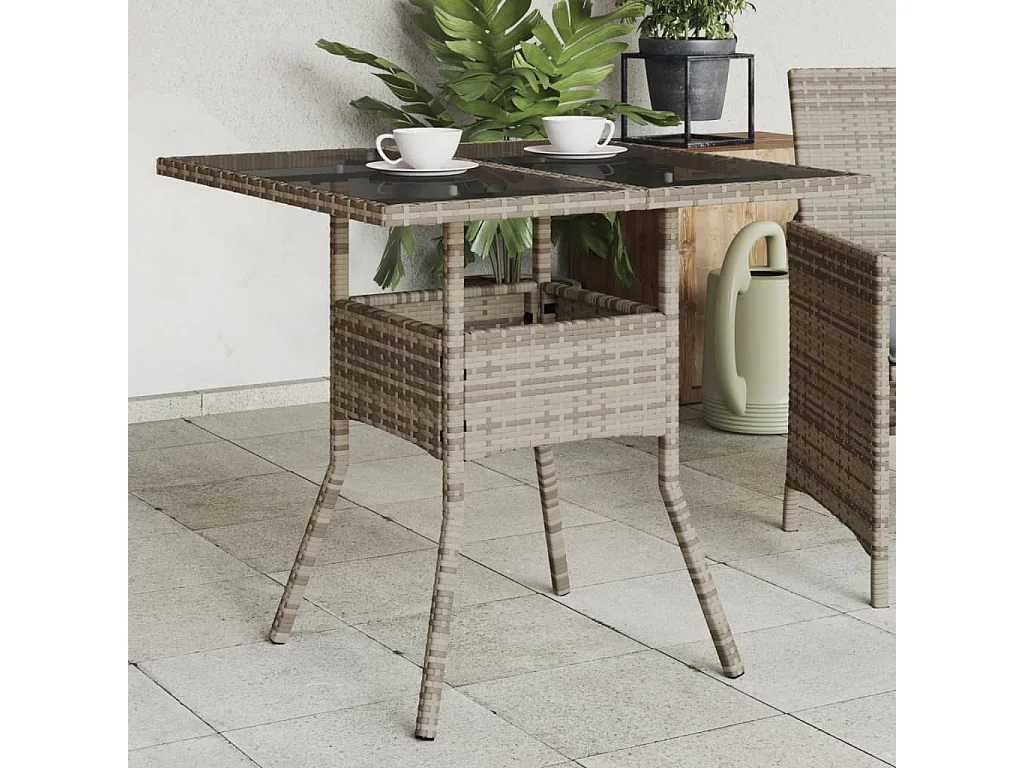 Tuintafel met glazen blad 80x80x75 cm poly rattan grijs