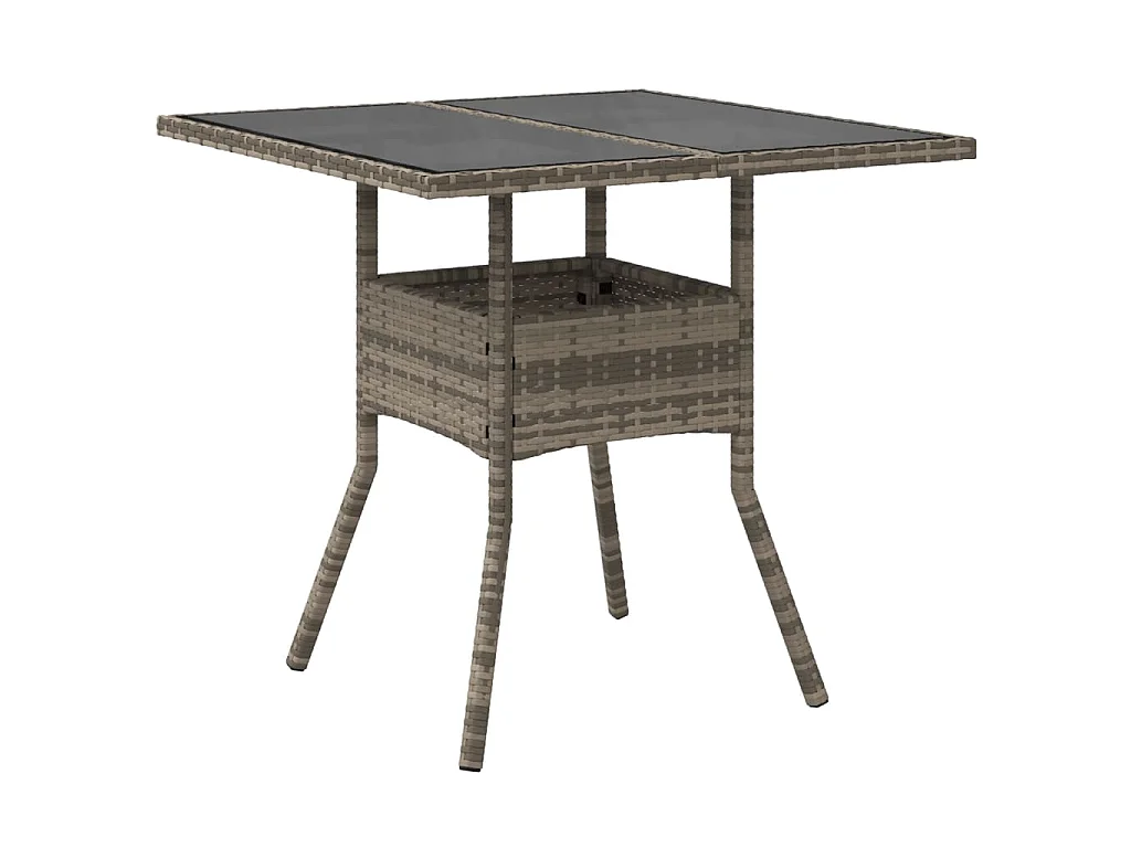 Tuintafel met glazen blad 80x80x75 cm poly rattan grijs