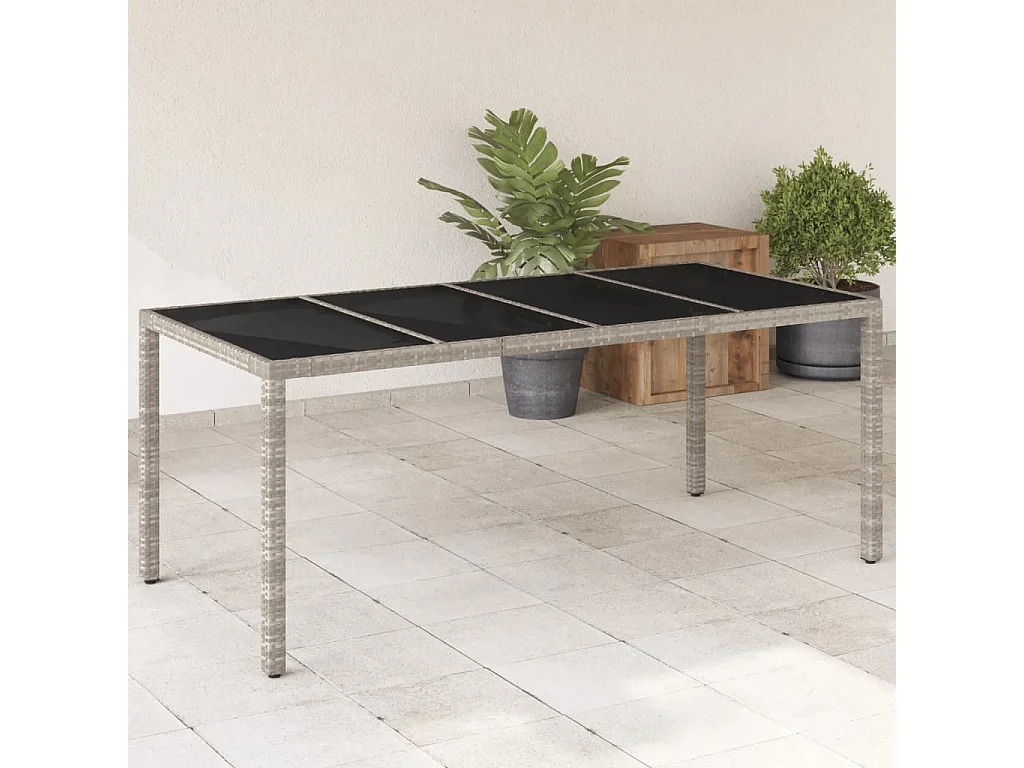 Tuintafel met glazen blad 190x90x75 cm poly rattan lichtgrijs