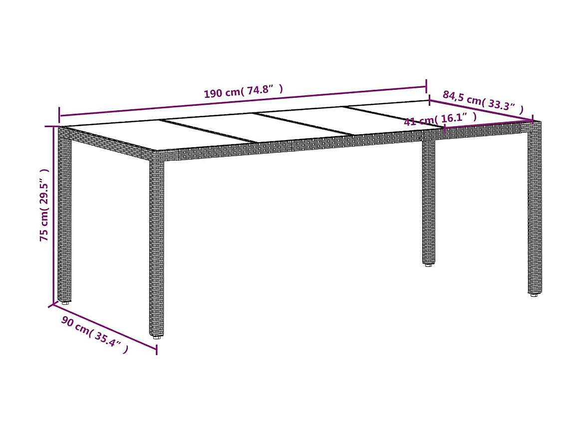 Tuintafel met glazen blad 190x90x75 cm poly rattan lichtgrijs
